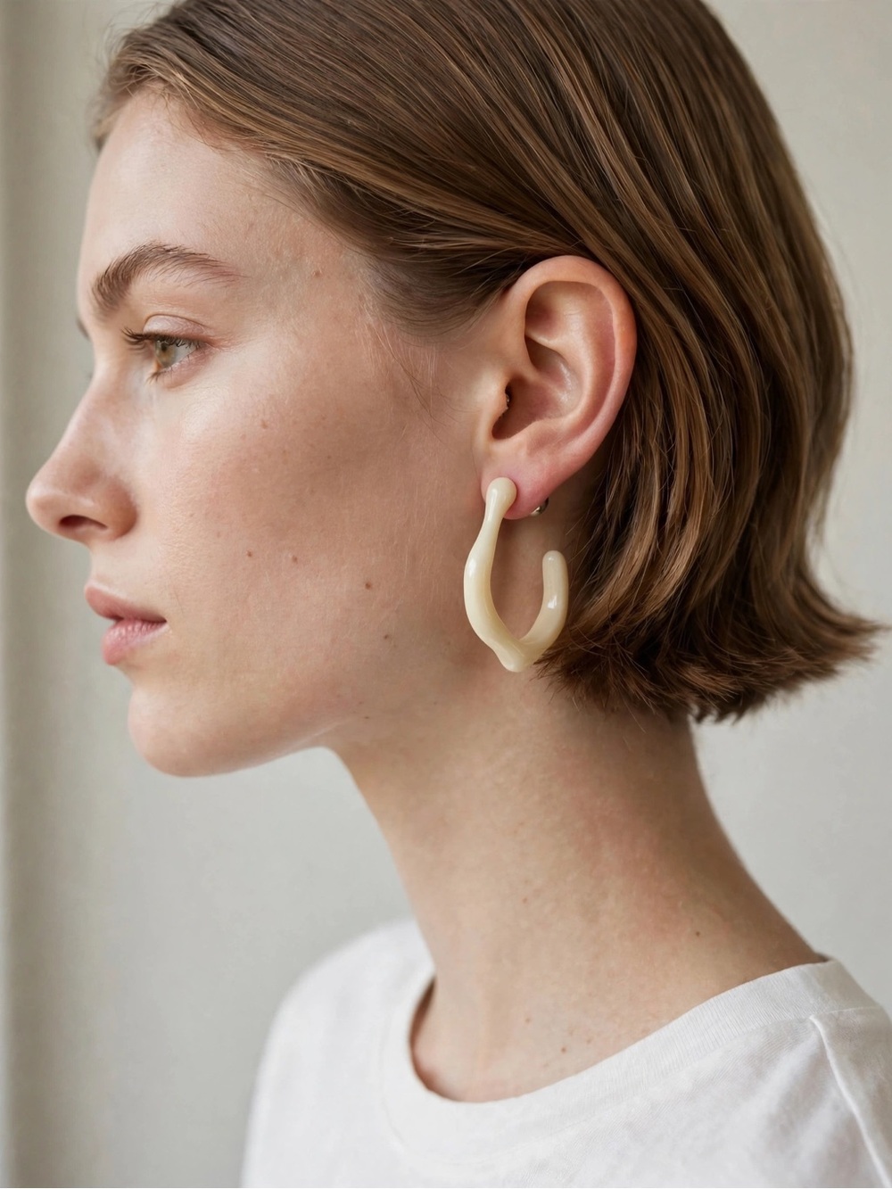 New Cream Wavy Hoop Front-Back Stud Earrings S925 Posts For Women E094